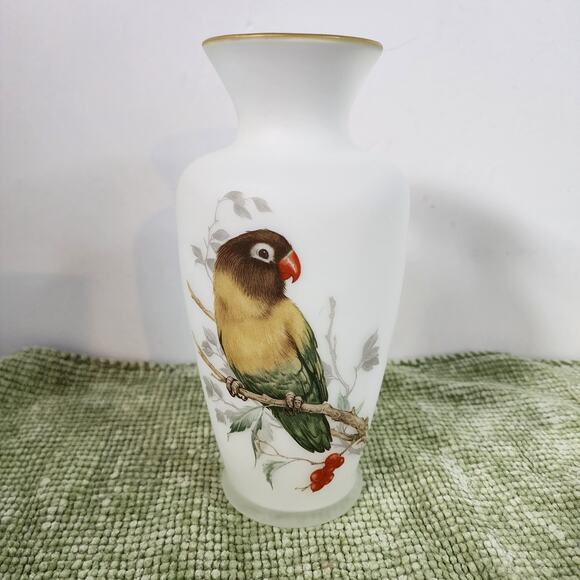 Vintage Satin Glass Vase with Parrot Bird Design Gold Rim 8.5" - Picture 1 of 9